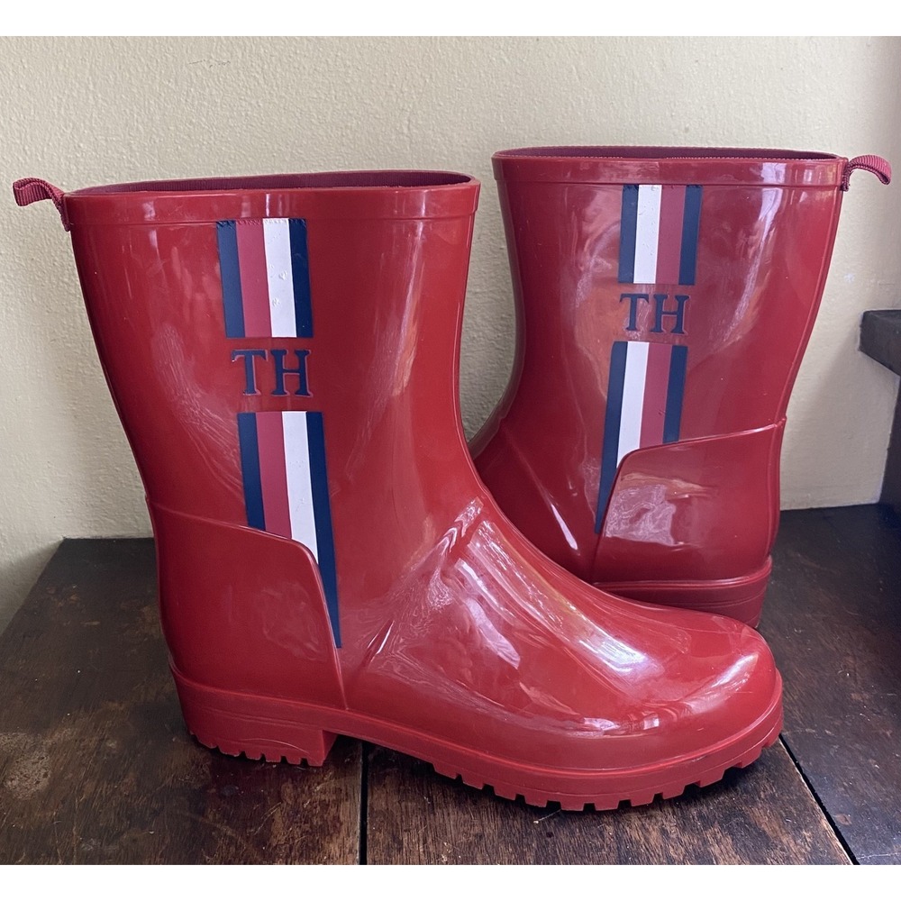 Tommy Hilfiger Women's Red Rain Boots High Gloss Size 8